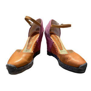Casteller Womens Leather Wedge Sandals Ankle Strap Round Toe Size 6.5US Orange
